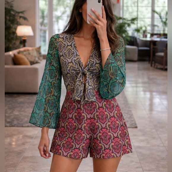 Pants - Alice and Olivia Brylee Tie Front Romper Summer Boho Festival Concert Resortwear